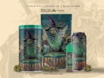 Mystic wizard brewing a magical fungi potion in psychedelic mushroom artwork for creative brew label design