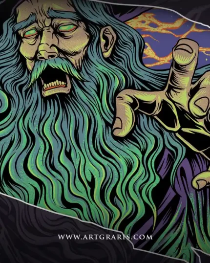 Old shaman conjuring a sacred mushroom herb spell in mystical psychedelic artwork with botanical details