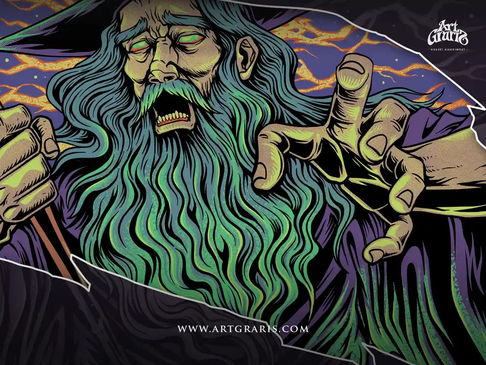 Old shaman conjuring a sacred mushroom herb spell in mystical psychedelic artwork with botanical details