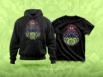 Dark carnival jester glowing green with sacred bud glowing in hands
