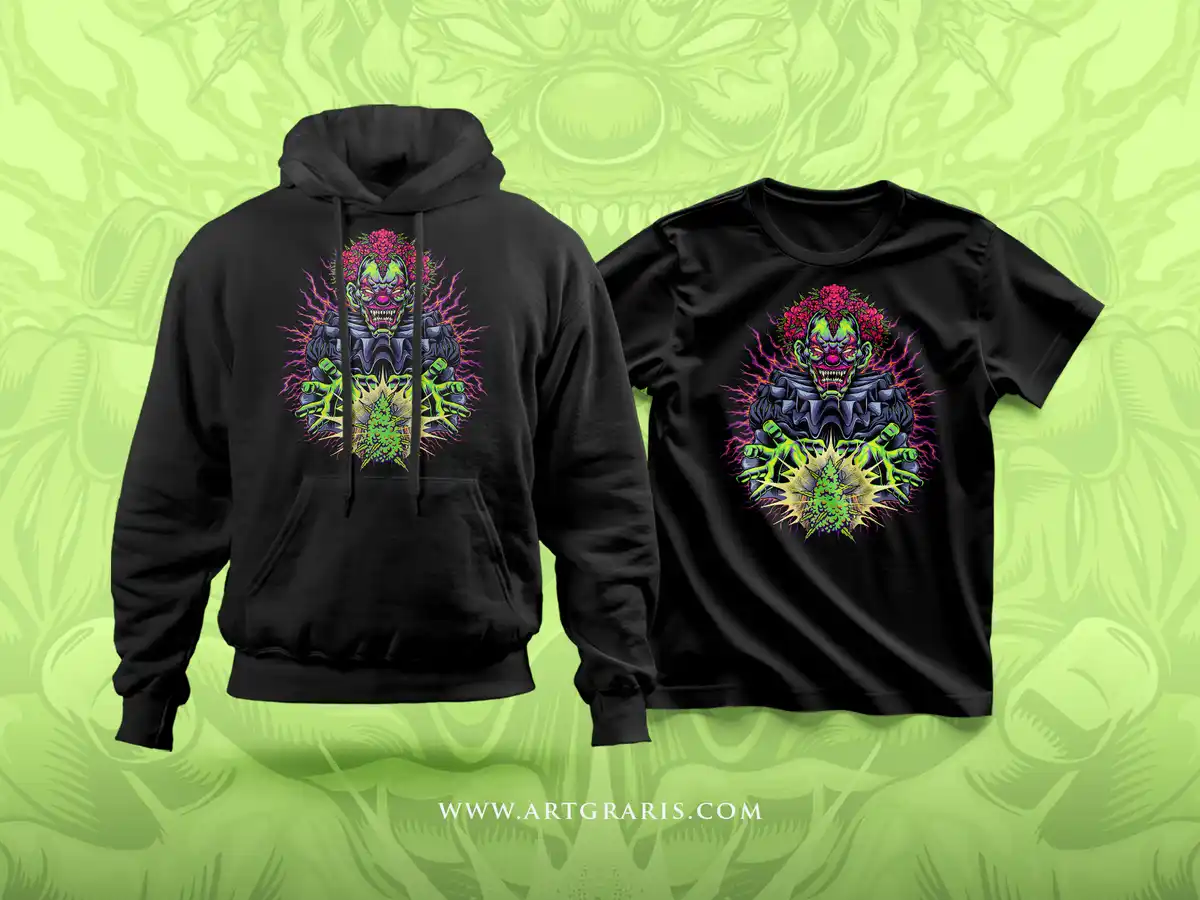 Psychedelic Circus Clown Pot Demon Lord Illustrations Dark carnival jester glowing green with sacred bud glowing in hands