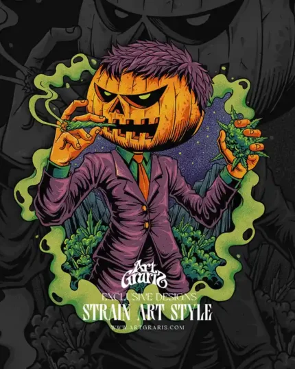 Carved pumpkin head smoking a joint with purple suit and green smoke trails.