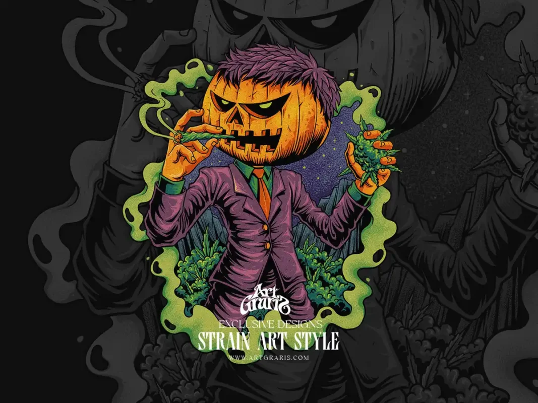 Carved pumpkin head smoking a joint with purple suit and green smoke trails.