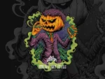 Carved pumpkin head smoking a joint with purple suit and green smoke trails.