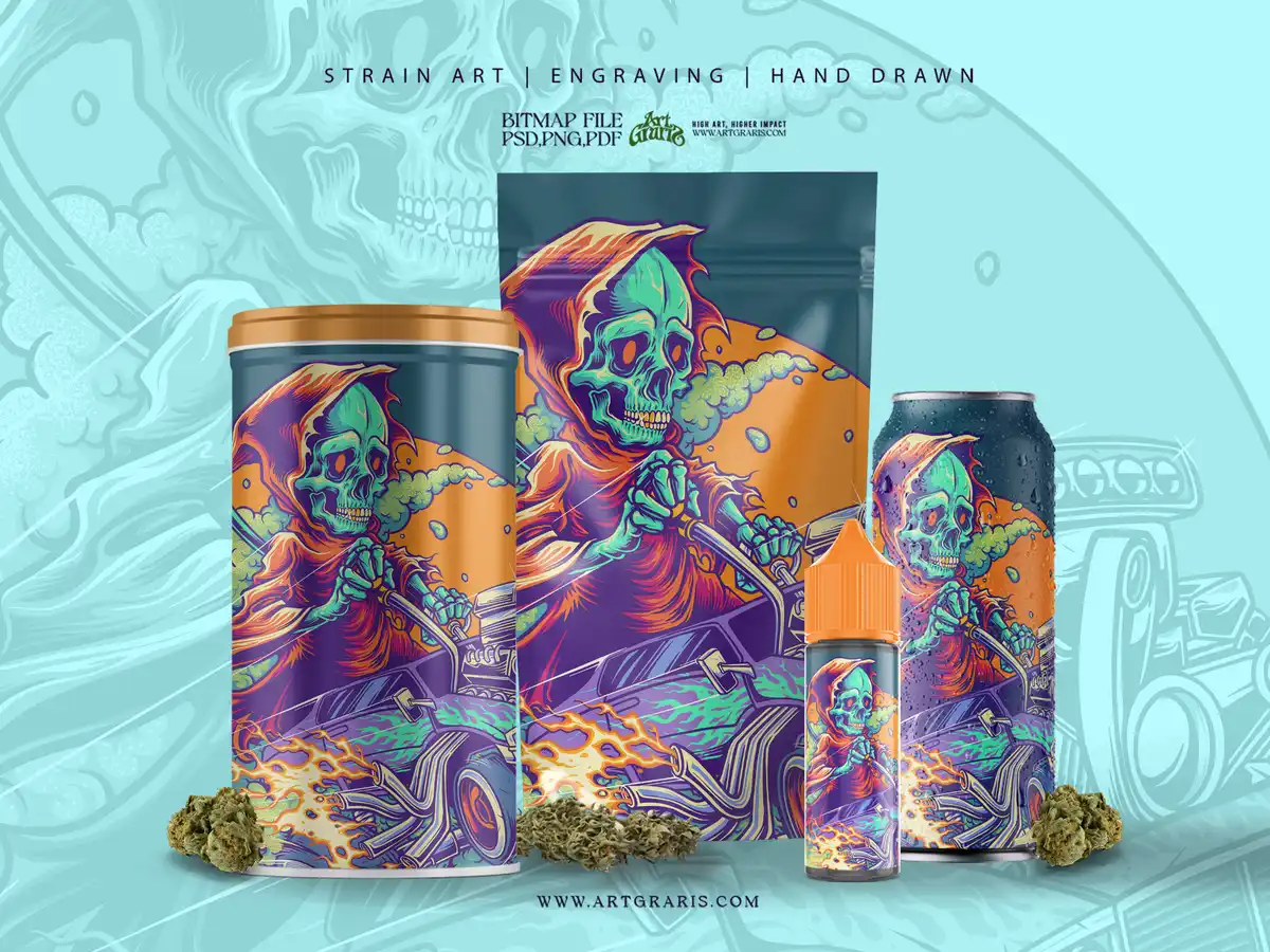 Speed Demon Grim Herb Racing Master Tincture Packaging Skulled reaper riding a customized racing vehicle with bright orange and green smoke Pack