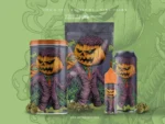 Stylish pumpkin man smoking a joint surrounded by fragrant green cannabis and smoke.