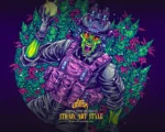 Tactical alien soldier holding a glowing botanical bong in a dark underground illustration