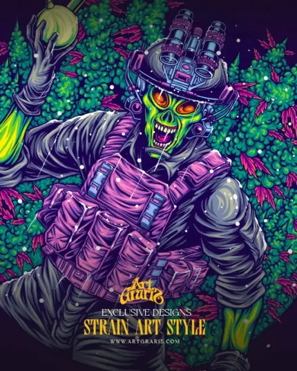 Tactical alien soldier holding a glowing botanical bong in a dark underground illustration