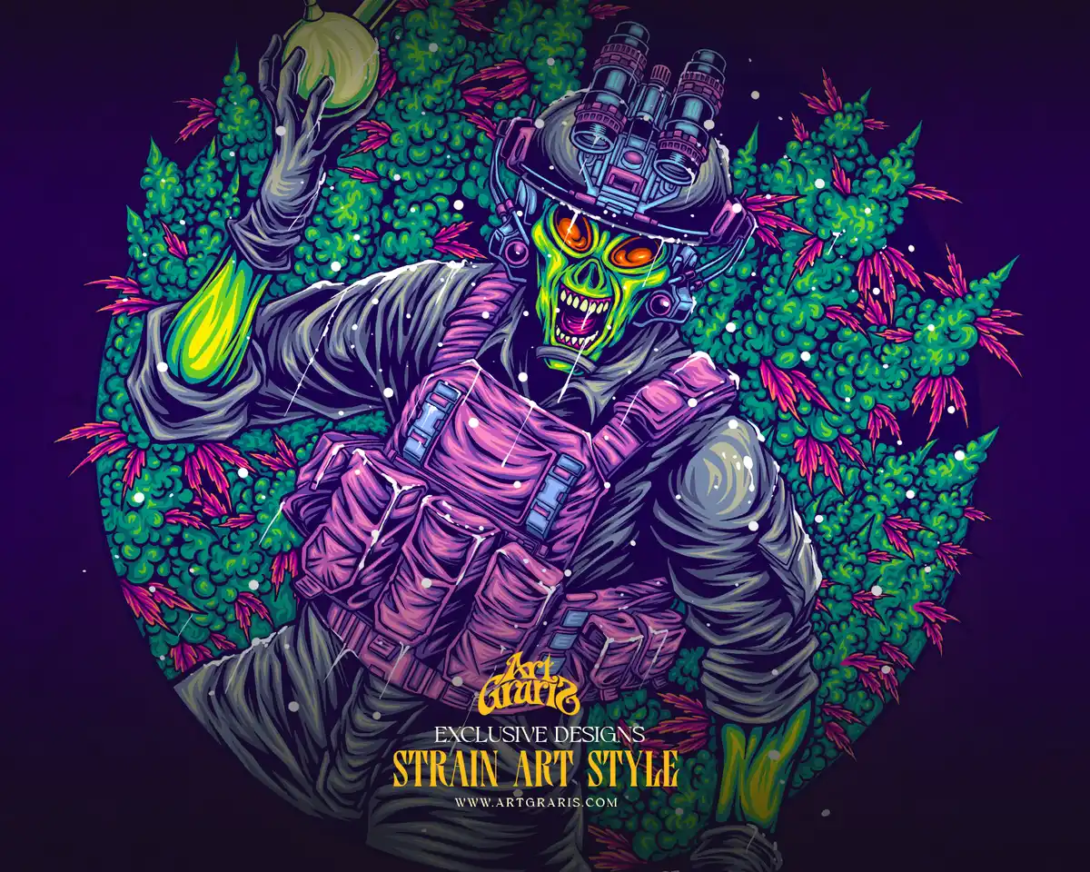 Tactical Alien Soldier Holding Glowing Herb Bong Artwork Tactical alien soldier holding a glowing botanical bong in a dark underground illustration