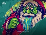 Drooling zombie santa face with bloodshot eyes white beard and red hat in crisp horror cartoon linework