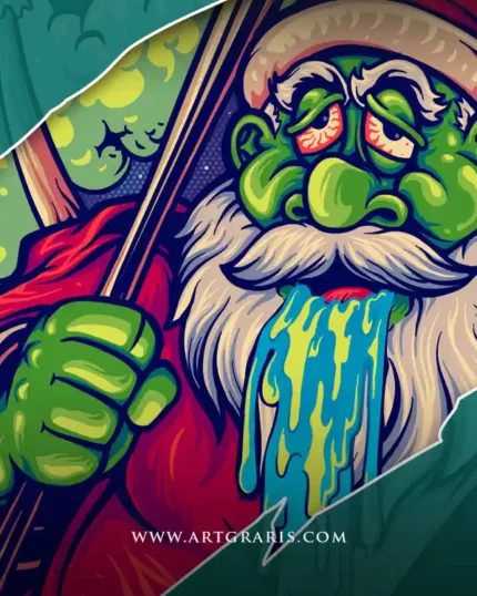 Drooling zombie santa face with bloodshot eyes white beard and red hat in crisp horror cartoon linework