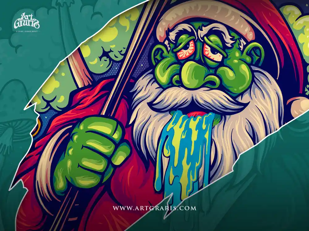 Drooling zombie santa face with bloodshot eyes white beard and red hat in crisp horror cartoon linework