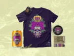Sugar Kush strain artwork of a sugar skull grinning through painted petals and thorns.