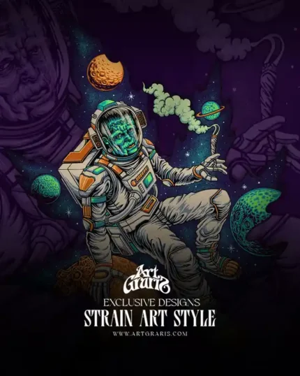 Frankenstein strain artwork: a green monster astronaut floating in deep space smoking a joint.