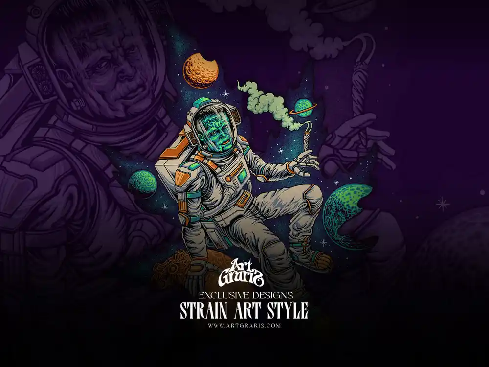 Frankenstein strain artwork: a green monster astronaut floating in deep space smoking a joint.