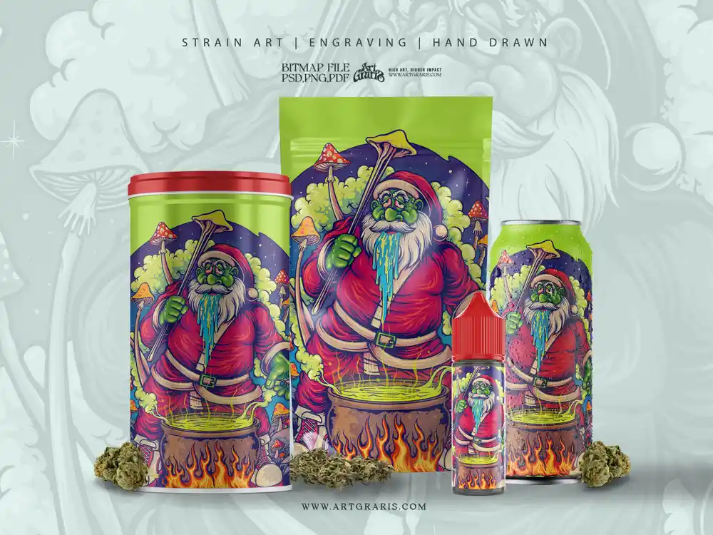 Cursed Brew Bubbles Among Spotted Caps Packaging Zombie santa stirring a bubbling cursed cauldron among spotted magic mushrooms in dark midnight horror style