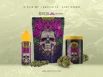 Sugar Kush strain artwork of marigolds and roses crowning a beautifully decorated skull.
