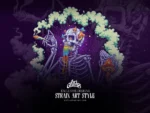 Death Star strain artwork: a grinning skeleton smokes a joint beside a melting rainbow skull with mushrooms.