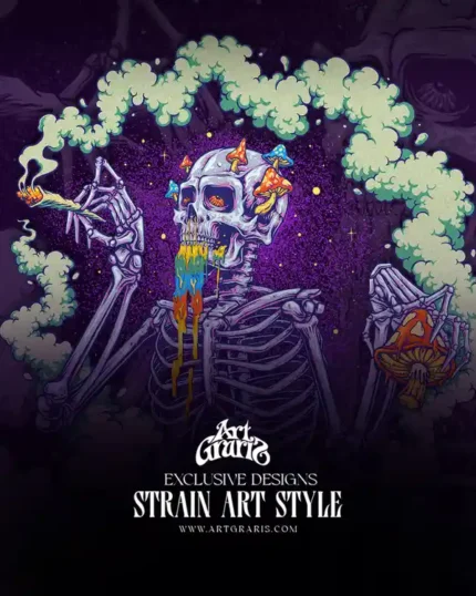 Death Star strain artwork: a grinning skeleton smokes a joint beside a melting rainbow skull with mushrooms.