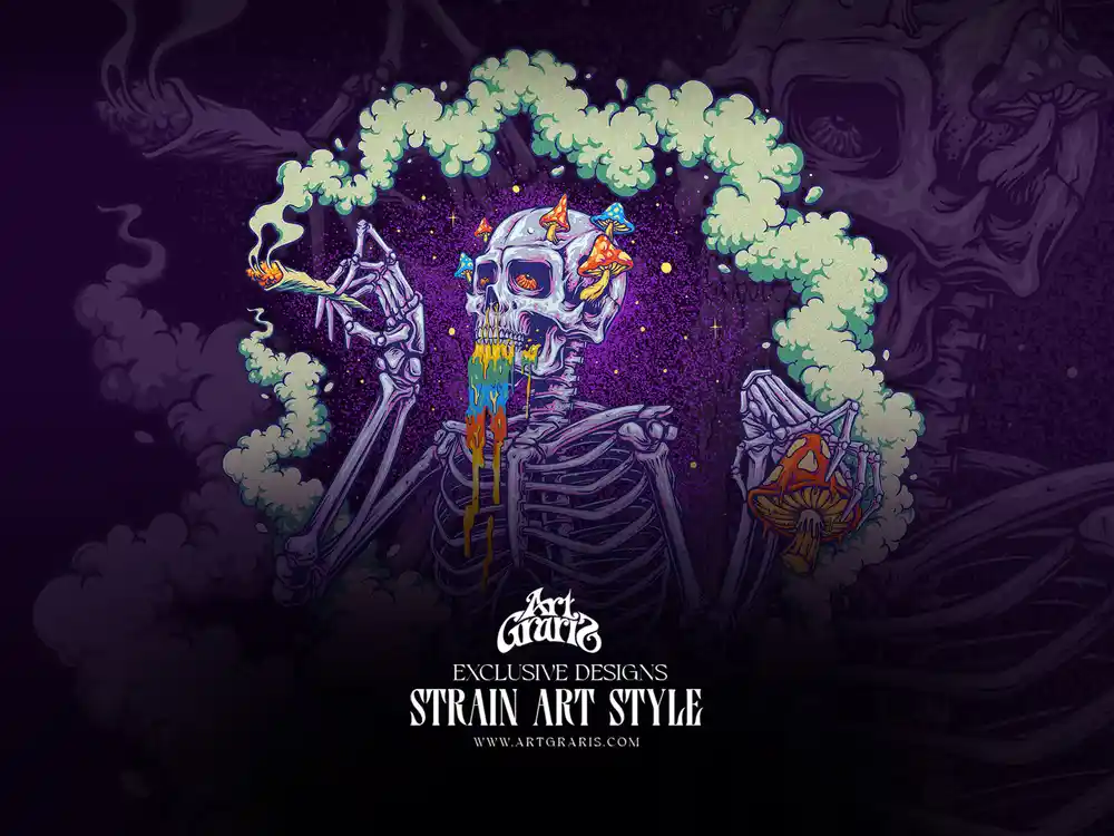 Death Star strain artwork: a grinning skeleton smokes a joint beside a melting rainbow skull with mushrooms.