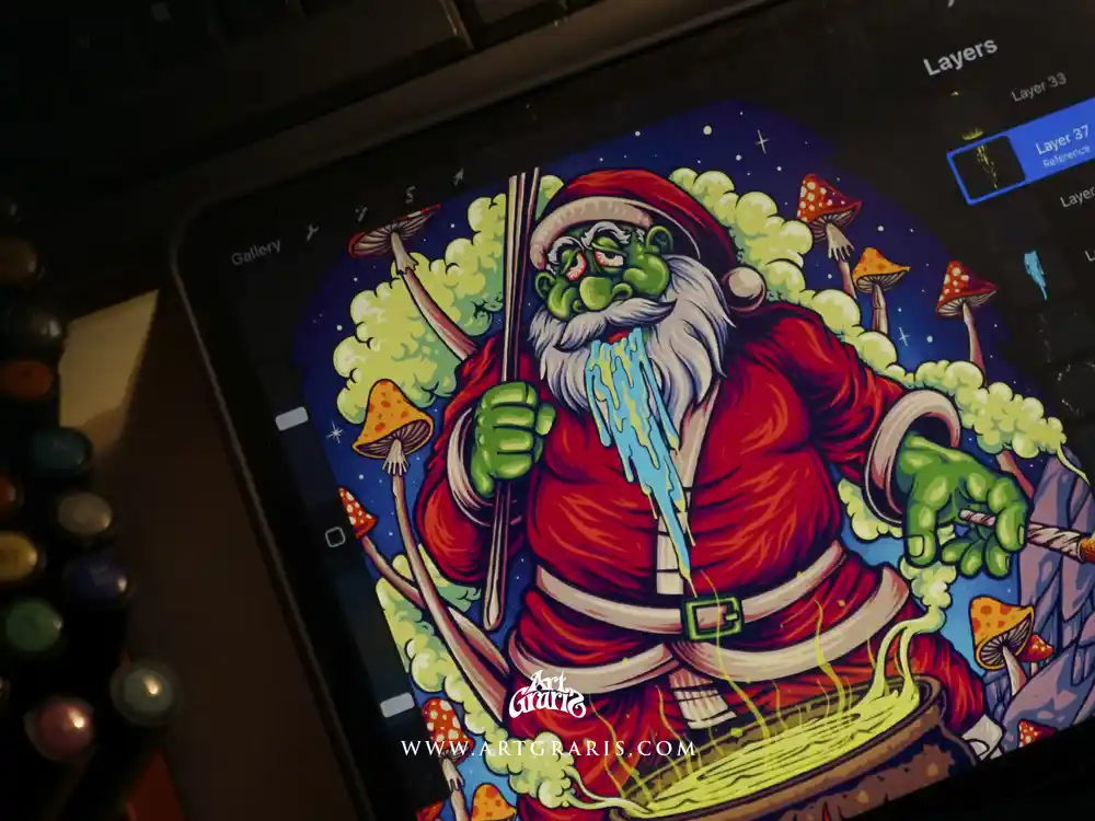 Drooling Santa Stirs His Midnight Brew Processing Drooling zombie santa stirring a bubbling cauldron among spotted magic mushrooms in dark horror style