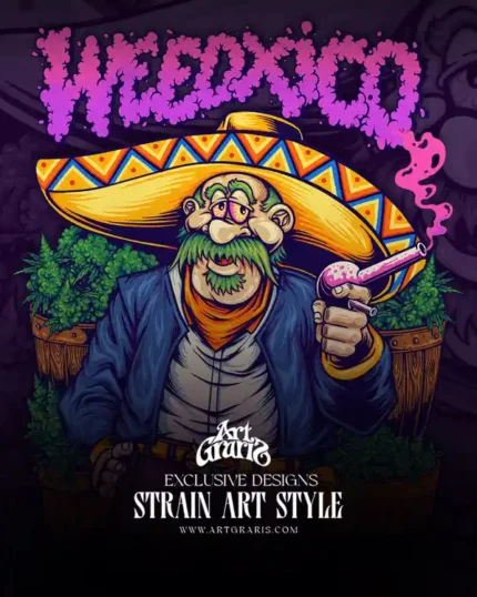 Mexican bandit smoking a pipe, standing among cannabis plants with dripping title text above.