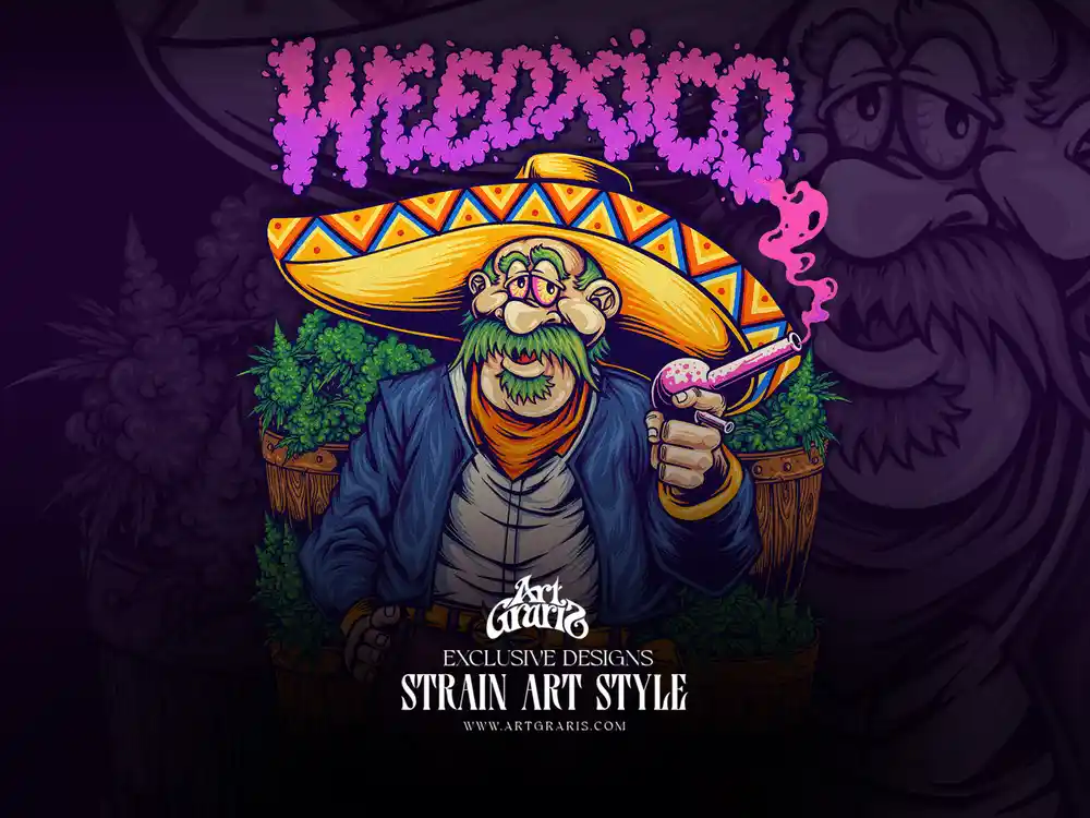 Mexican bandit smoking a pipe, standing among cannabis plants with dripping title text above.