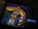 Digital drawing of the Mexican bandit artwork in progress on a tablet screen with the layers panel visible.