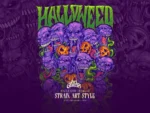 Zombie OG strain artwork: a screaming purple ghoul horde with grinning jack o lanterns.