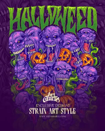 Zombie OG strain artwork: a screaming purple ghoul horde with grinning jack o lanterns.