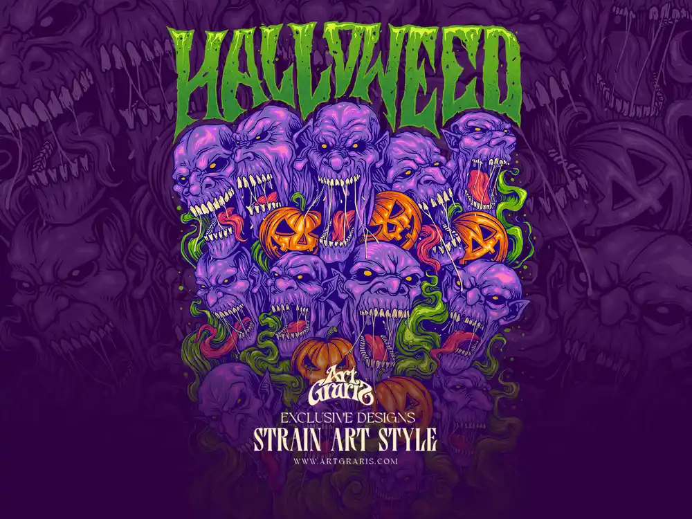 Zombie OG strain artwork: a screaming purple ghoul horde with grinning jack o lanterns.