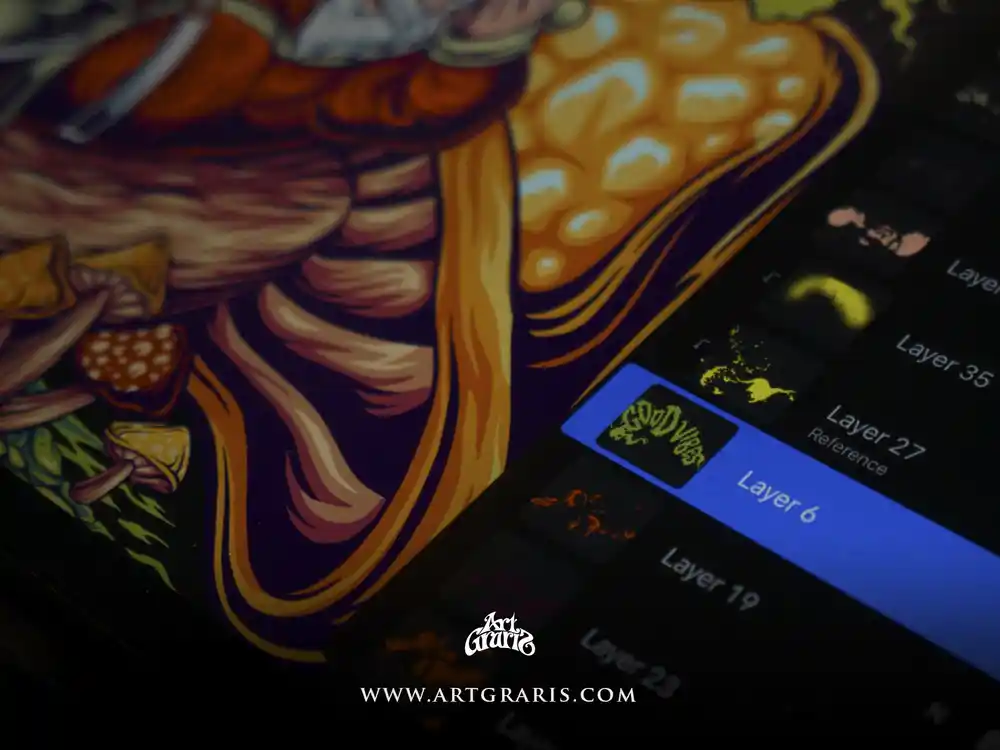 Good Vibes Santa Layers Detail View Santa character artwork revealed through digital layers on a tablet with creative illustration process