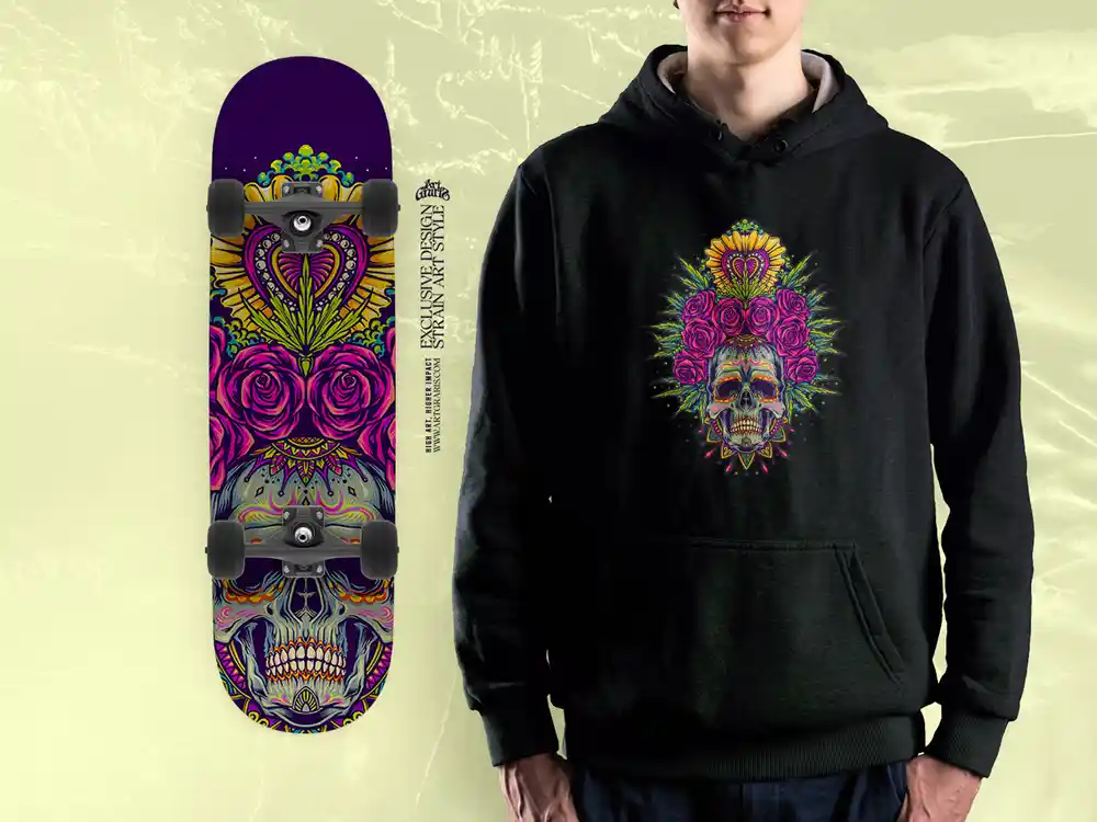 Gothic Calavera Purple Bud Sacred Flora Wear Sugar Kush strain artwork of bold linework etching stories across a sugar skull.
