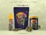 The trippy monkey artwork applied across a cannabis packaging lineup with a vape bottle, pouch and jar.