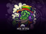 Green gorilla in striped rasta hat smoking a joint surrounded by billowing smoke clouds in cartoon strain art