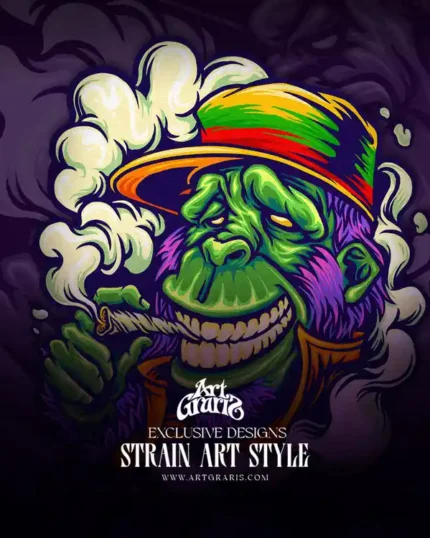 Green gorilla in striped rasta hat smoking a joint surrounded by billowing smoke clouds in cartoon strain art