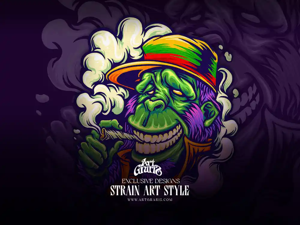 Green gorilla in striped rasta hat smoking a joint surrounded by billowing smoke clouds in cartoon strain art