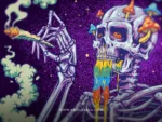 Close up of the skeleton hand holding a smoking joint beside the trippy melting mushroom skull.