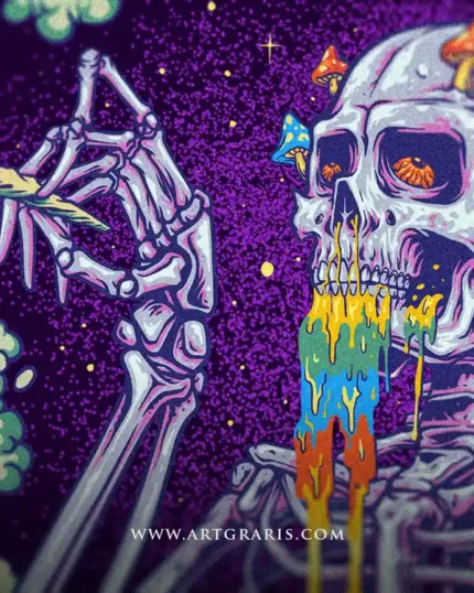 Close up of the skeleton hand holding a smoking joint beside the trippy melting mushroom skull.