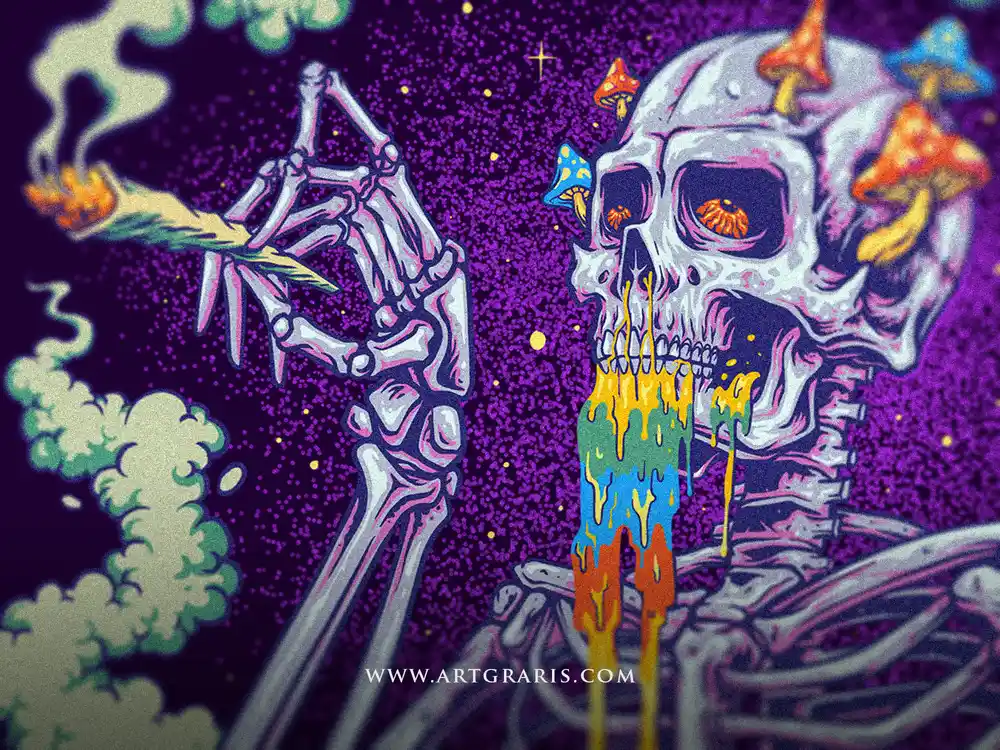 Close up of the skeleton hand holding a smoking joint beside the trippy melting mushroom skull.