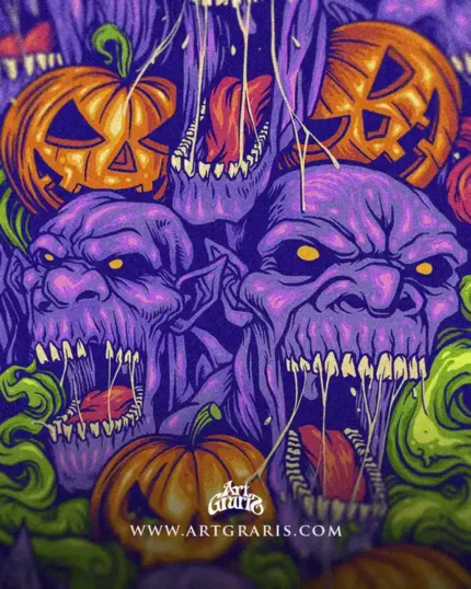 the Zombie purple ghoul horde with grinning jack o lanterns and green smoke in crisp linework.