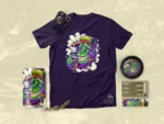 Chill rasta gorilla in striped hat surrounded by island breeze and tropical palm smoke in cartoon style