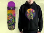 The trippy monkey artwork on a skateboard deck beside a person wearing a black hoodie with the same design.