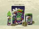 Mellow rasta gorilla with glowing joint in warm tropical smoky air with reggae groove atmosphere