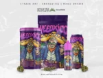 Weedxico dripping lettering with bold attitude surrounded by cannabis plants in vibrant outlaw artwork