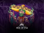 Cowboy Kush and Acapulco Gold strain artwork: a mustached cowboy with a giant sombrero holding two bong guns.