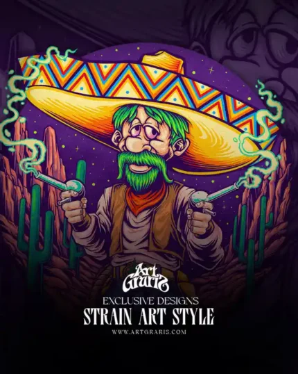 Cowboy Kush and Acapulco Gold strain artwork: a mustached cowboy with a giant sombrero holding two bong guns.