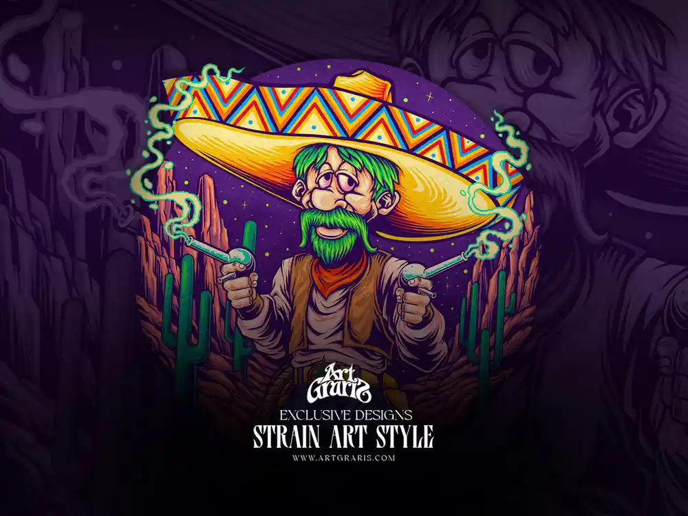 Cowboy Kush and Acapulco Gold strain artwork: a mustached cowboy with a giant sombrero holding two bong guns.