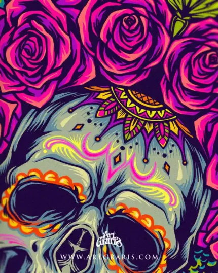 Close up of the sugar skull with a pink rose crown and painted decorative patterns in crisp linework.