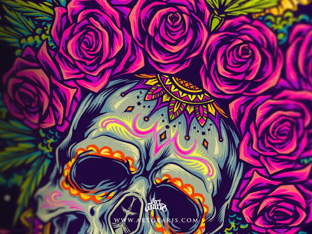 Close up of the sugar skull with a pink rose crown and painted decorative patterns in crisp linework.